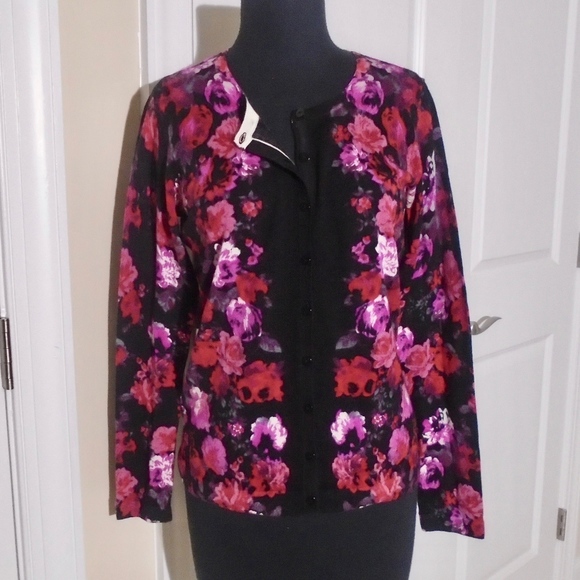 TALBOTS 100% Merino Wool Floral Print Cardigan NWT - Picture 1 of 5